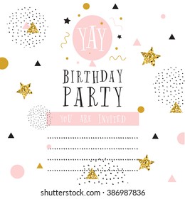 Creative birthday card. Simple vector illustration - confetti.  Design template. Yay. Birthday Party. You are invited.