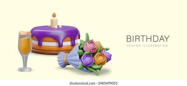 Creative birthday concept in 3D style. Festive cake with lit candle, bouquet, glass of wine