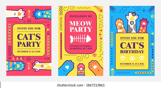 Creative birthday invitation designs with kitty paws. Trendy meow or cat party invitations with text. Domestic animals and pets concept. Template for leaflet, banner or flyer