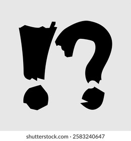 A creative black broken exclamation and question mark symbolizing confusion, shock, surprise, and uncertainty. Perfect for branding, design, problem-solving, and abstract conceptual artwork