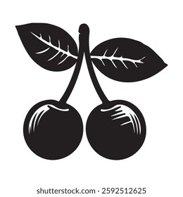 Creative black cherry fruits design with leaves on a white background.