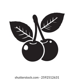 Creative black cherry fruits design with leaves on a white background.