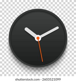 Creative black clock in realistic flat style, with arrow. Simple watch on transparent background. Time icon. Vector design element for you business project