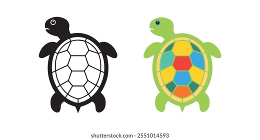 Creative black and colorful turtle shell vector icons in a top view design, perfect for educational materials, logos, art projects, and wildlife-themed graphics.