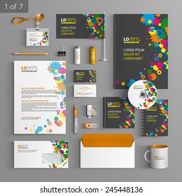 Creative black corporate identity template design with color art elements. Business stationery