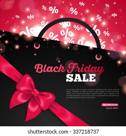 Creative Black Friday Banner Template with Place for Promotional Text. Vector Illustration. Percent Symbols flying away from Shopping Bag. Pink Shining Ribbon  Bow. Festival Lights, Bokeh