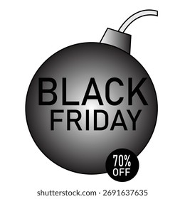 Conceito de etiqueta de bomba criativa Black Friday com esfera preta de gradiente e tipografia em negrito — perfeito para marketing, anúncios digitais e vendas promocionais.