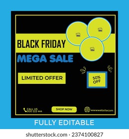 Creativo diseño de publicaciones en redes sociales de Black Friday Mega Sale.
