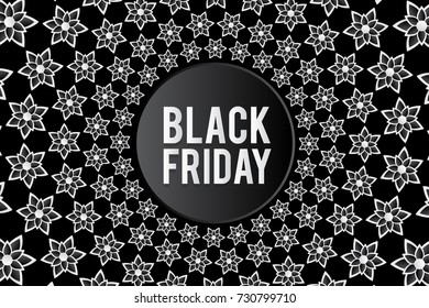 Creative black friday sale vector illustration with floral ornamental pattern. Can be used for poster, banner, background, advertisement and digital designs. 