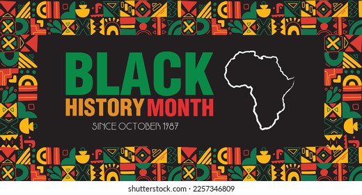 Creative Black History Month Banner. African American History. February or October. Poster, card, background. Yellow Red Green abstract cultural traditional shapes Vector illustration.