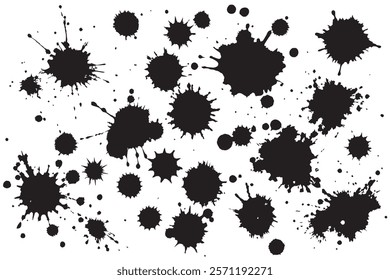 Creative black ink blot patterns on white canvas, ideal for graphic design, print backgrounds, and modern abstract art inspiration