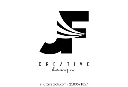 Letras negras creativas del logo JF J f con líneas líderes y diseño de concepto de carreteras. Cartas con diseño geométrico. Ilustración vectorial con letra y cortes creativos.