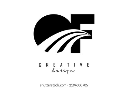 Letras de color negro creativa del logotipo de O f con líneas principales y diseño del concepto de carretera. Cartas con diseño geométrico. Ilustración vectorial con letra y cortes creativos.