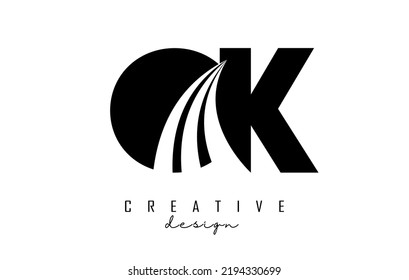Kreativer schwarzer Buchstabe Ok o k Logo mit führenden Linien und Straßenkonzeption. Buchstaben mit geometrischem Design. Vektorgrafik mit Buchstaben und kreativen Schnitten.