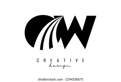 Letras negras creativas OW o w logotipo con líneas líderes y diseño de concepto de carreteras. Cartas con diseño geométrico. Ilustración vectorial con letra y cortes creativos.