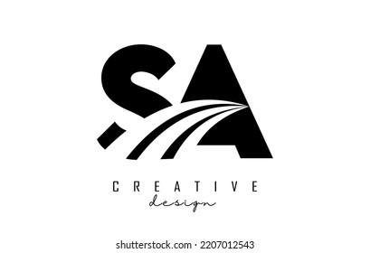 Creative black letter SA es un logotipo con líneas líderes y diseño de concepto de carreteras. Cartas con diseño geométrico. Ilustración vectorial con letra y cortes creativos.