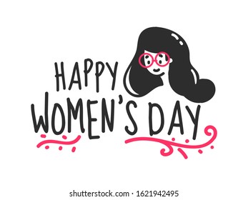 Creative Black Lettering of Happy Women's Day with Young Girl Face on White Background.