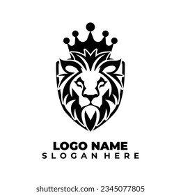 Creative black lion head crown king shield logo