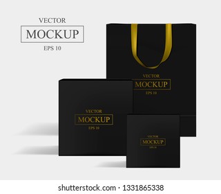 Creative black mockup. Shopping bag and 2 boxes. Vector illustration