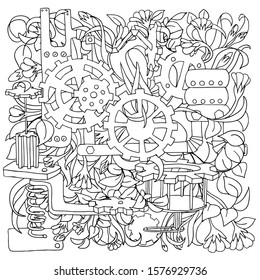 Creative black pen steampunk mechanical floral background pattern made of gears with flowers and leaves on white background. Colouring pages. Vector illustration.