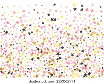 Creative black pink gold stardust scatter background. Many stardust spangles New Year decoration confetti. Party decor star dust texture. Sparkle particles explosion.