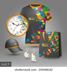 Creative black promotional souvenirs design for corporate identity with color art elements. Stationery set