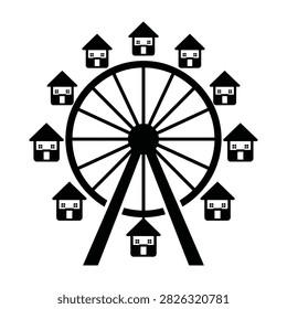 A creative black silhouette icon of a ferris wheel where the passenger seats are replaced by small residential houses. Symbolic concept of real estate market.