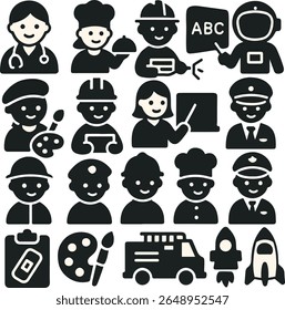A creative black silhouette icon set featuring children dressed as various professionals including doctor, chef, firefighter, astronaut, artist, builder, teacher, and pilot.