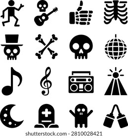 Creative black silhouette icons featuring music instruments musical notes and spooky Halloween symbols