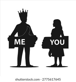A creative black silhouette illustration of a man wearing a crown and a woman standing, each holding a sign with the words me and you, representing relationship dynamics.