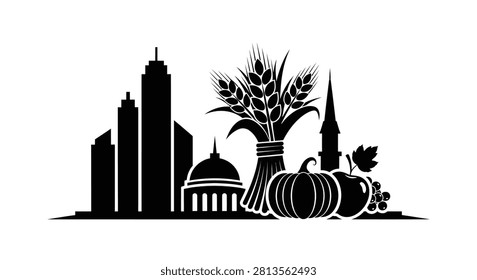 A creative black silhouette illustration merging urban skyscrapers and a capitol building with a wheat sheaf, a pumpkin, and an apple representing the harvest season.