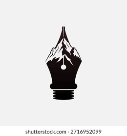 Ein kreatives schwarzes Silhouettenlogo, das eine Tintenfeder mit schneebedeckten Bergen kombiniert und die Kunst des Schreibens und die Majestät der Natur symbolisiert.