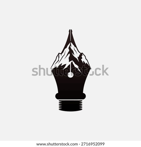 A creative black silhouette logo combining an ink pen nib with snow-capped mountains, symbolizing the art of writing and the majesty of nature.
