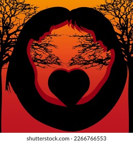 Creative black silhouette of a person with heart and trees in the sunset. Eternal love concept. Valentine's day greeting card. 