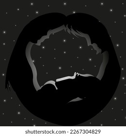 Creative black silhouette of a person with newborn baby in the night. Eternal love concept.