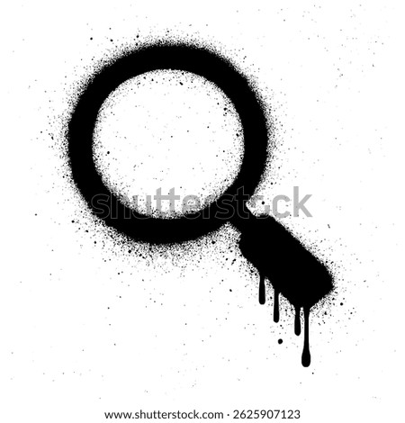 Creative black spray paint illustration of a magnifying glass with dripping paint and rough splatter effect. Perfect for urban, grunge, and street art design concepts.
