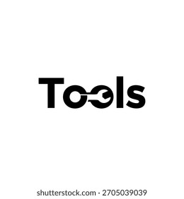 Kreatives schwarzes Typografie-Logo-Design für das Wort Werkzeuge mit Schlüssel integriert in den Buchstaben o