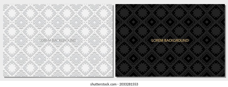 Banners creativos en blanco y negro, conjunto de diseño de portada, plantillas vectoriales horizontales. Patrón convexo geométrico volumétrico convexo étnico 3D. Resumen de motivos orientales, indonesios, mexicanos, aztecos.