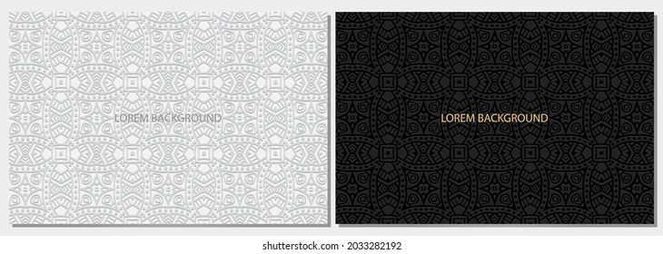 Creative black and white banners, cover design set, horizontal vector templates. Geometric volumetric convex ethnic 3D pattern. Unique oriental, Indonesian, Mexican, Aztec motives.