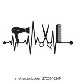 Ilustración creativa de barbero en blanco y negro que muestra el secador de pelo, las tijeras y el peine integrados en una línea de latidos del corazón que simboliza la pasión por el peinado y el aseo.