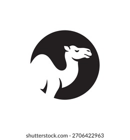 Logotipo de silhueta de camelo preto e branco criativo dentro de um fundo circular sólido, perfeito para a identidade da marca do deserto, negócios de viagens, organização da vida selvagem, ou design de marca minimalista.
