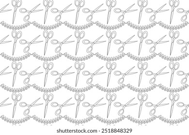 Creative black and white coloring sheet featuring scissors and intricate lace patterns, ideal for back-to-school arts and crafts.