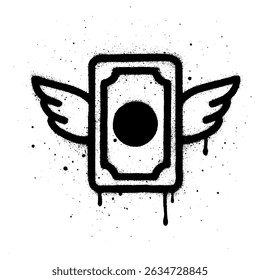 Obra de arte creativa de graffiti en blanco y negro de un billete de dinero volador con alas, que representa el gasto rápido o el dinero que desaparece.