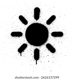 Ilustración creativa de estilo de graffiti en blanco y negro de un símbolo de sol con pintura goteante y efectos de salpicadura dispersos.