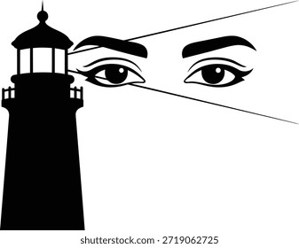 Un Diseño gráfico creativo en blanco y negro con una torre de faro que emite rayos de luz que iluminan simbólicamente a un par de ojos humanos. Ilustración vectorial