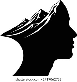 Un Diseño gráfico creativo en blanco y negro que presenta el perfil de una persona combinado con cumbres montañosas nevadas que simbolizan la atención plena, la ambición y la naturaleza profunda. Ilustración vectorial