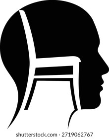 Diseño gráfico blanco y negro creativo con la silueta de la cabeza de un hombre que contiene un símbolo de la silla blanca para la relajación mental, muebles. Ilustración vectorial