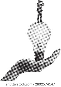 Creative black and white halftone illustration of human hand holding glowing light bulb, man silhouette above.