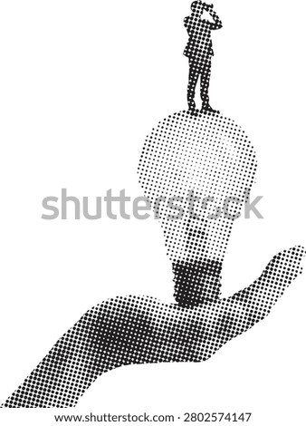 Creative black and white halftone illustration of human hand holding glowing light bulb, man silhouette above.