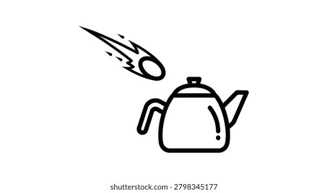 Creative black and white icon showing a falling meteor about to strike a classic kitchen teapot, symbolizing an unexpected or cosmic event in daily life.